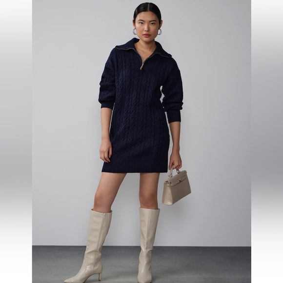 New York & Company Long Sleeve Cableknit Sweater Dress Runway Navy  Sz S NWT - Picture 1 of 14